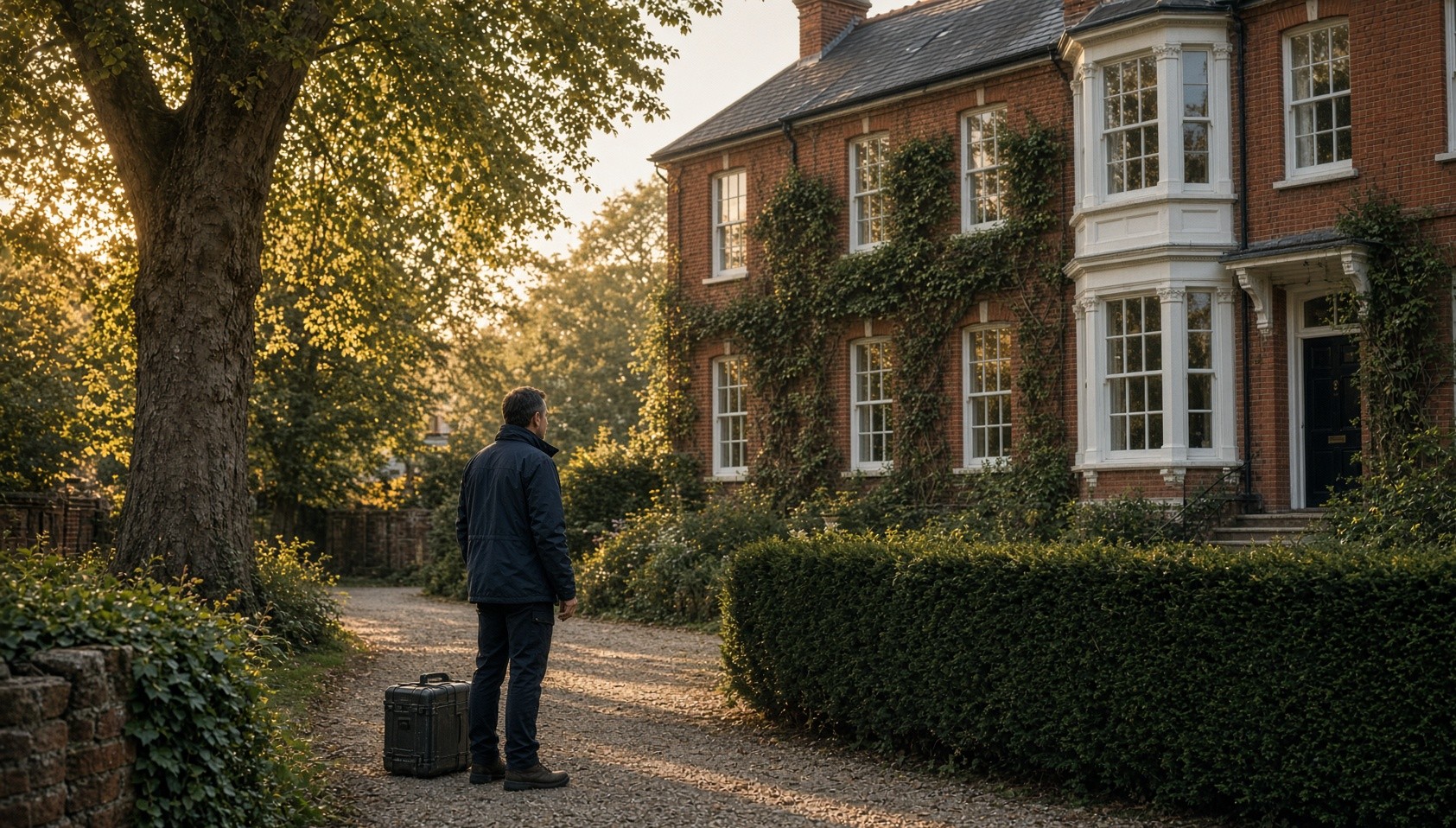 A Victorian house on a leafy Surrey street, with a surveyor approaching the front path