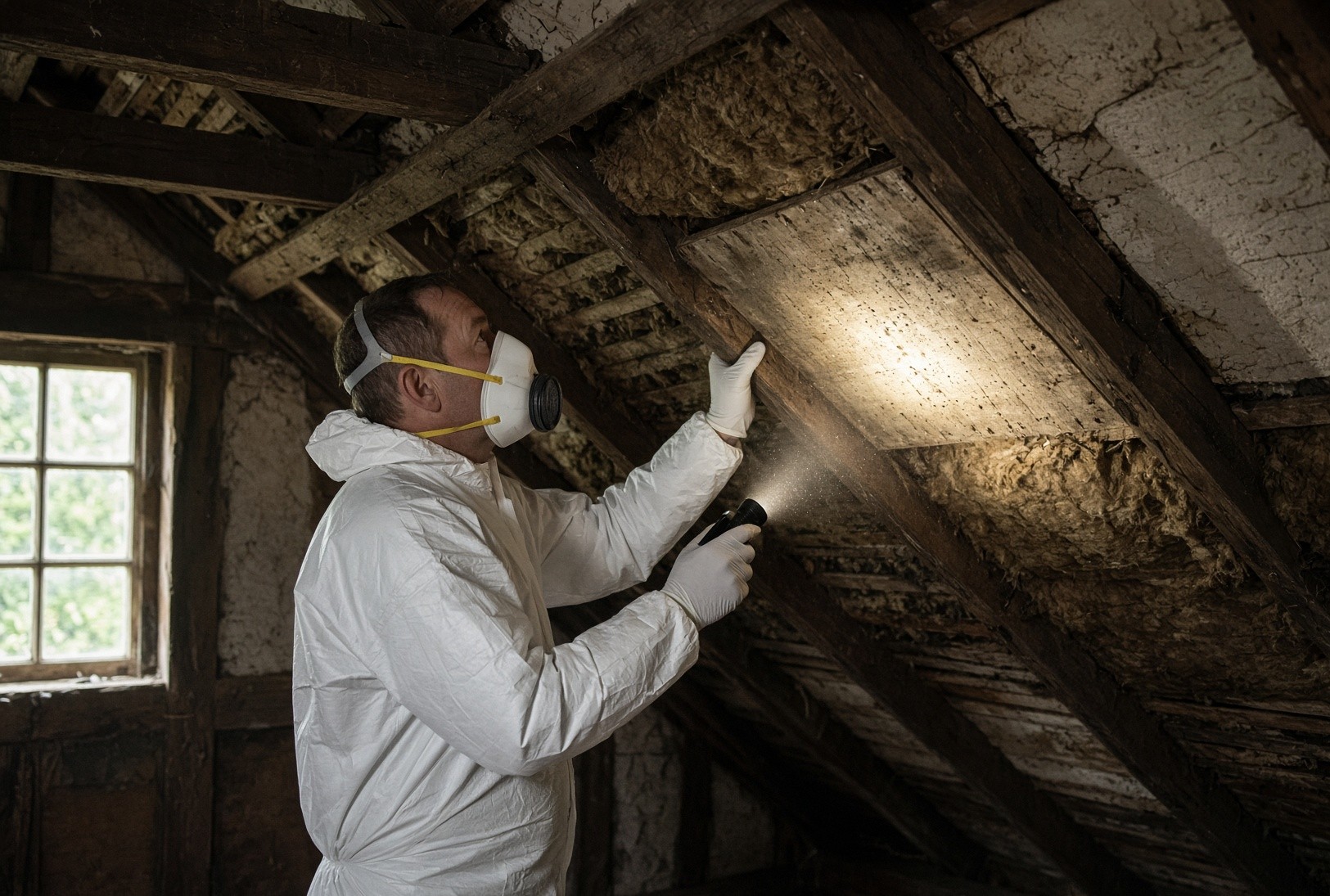 A surveyor in protective clothing inspecting a loft with a torch